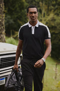 Polo Com Recortes Masculina Acostamento Preto C/ Recorte Branco E Mescla