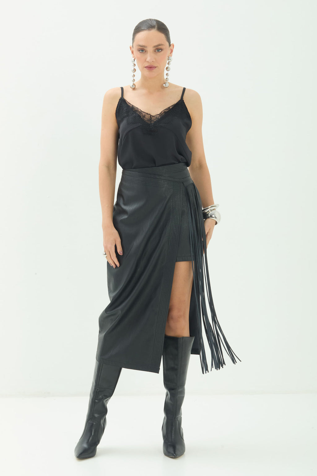 Saia Midi PU com Franjas ACT Feminina Preto