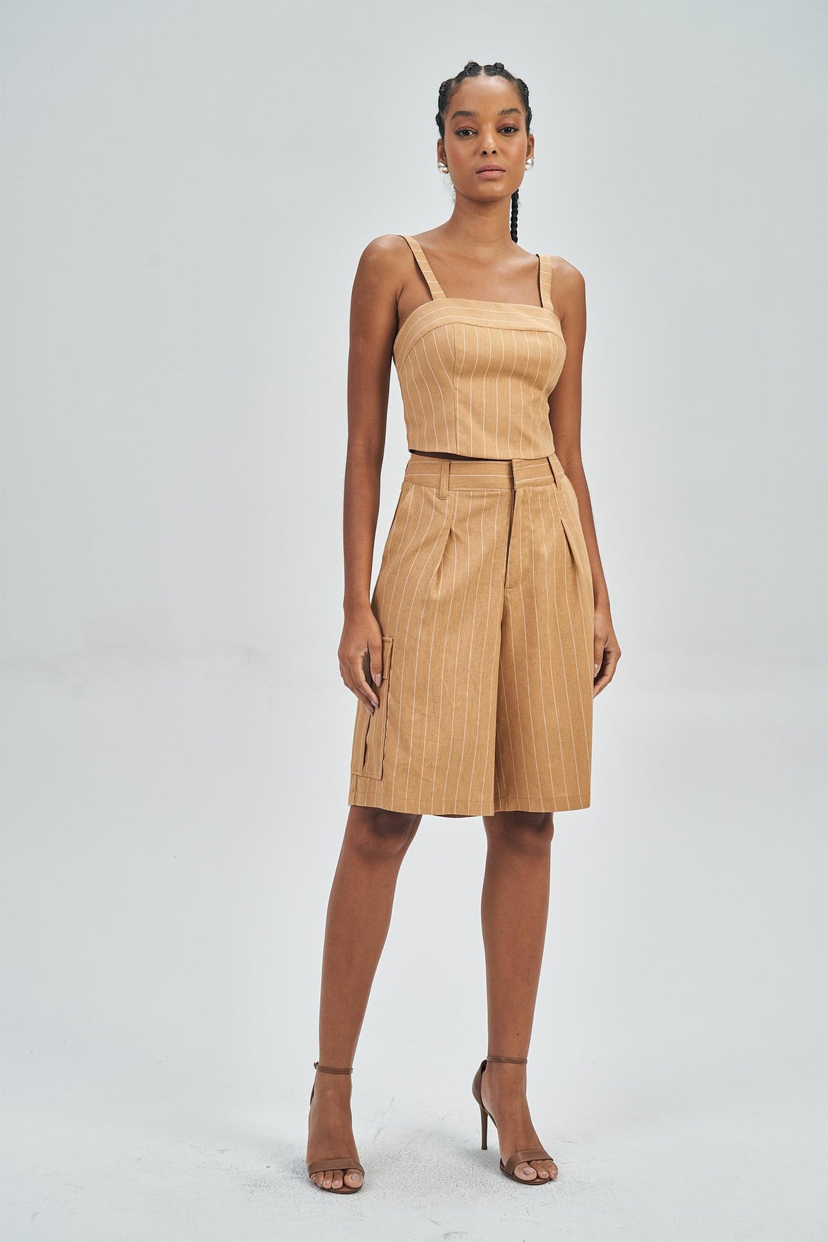 Top Alfaiataria Risca Giz Feminino Acostamento Palha
