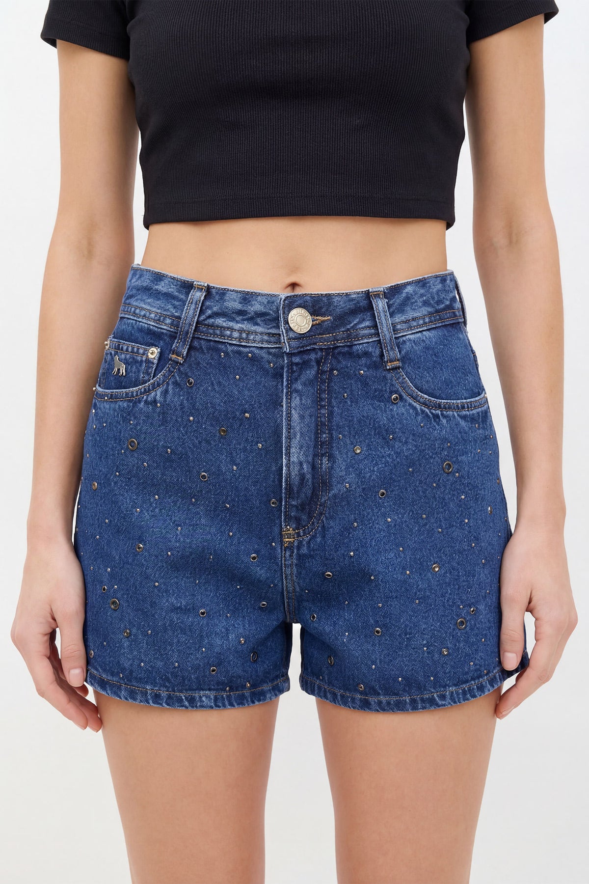 Short Jeans Cintura Alta Com Aplicações ACT Feminino Jeans Intermediario