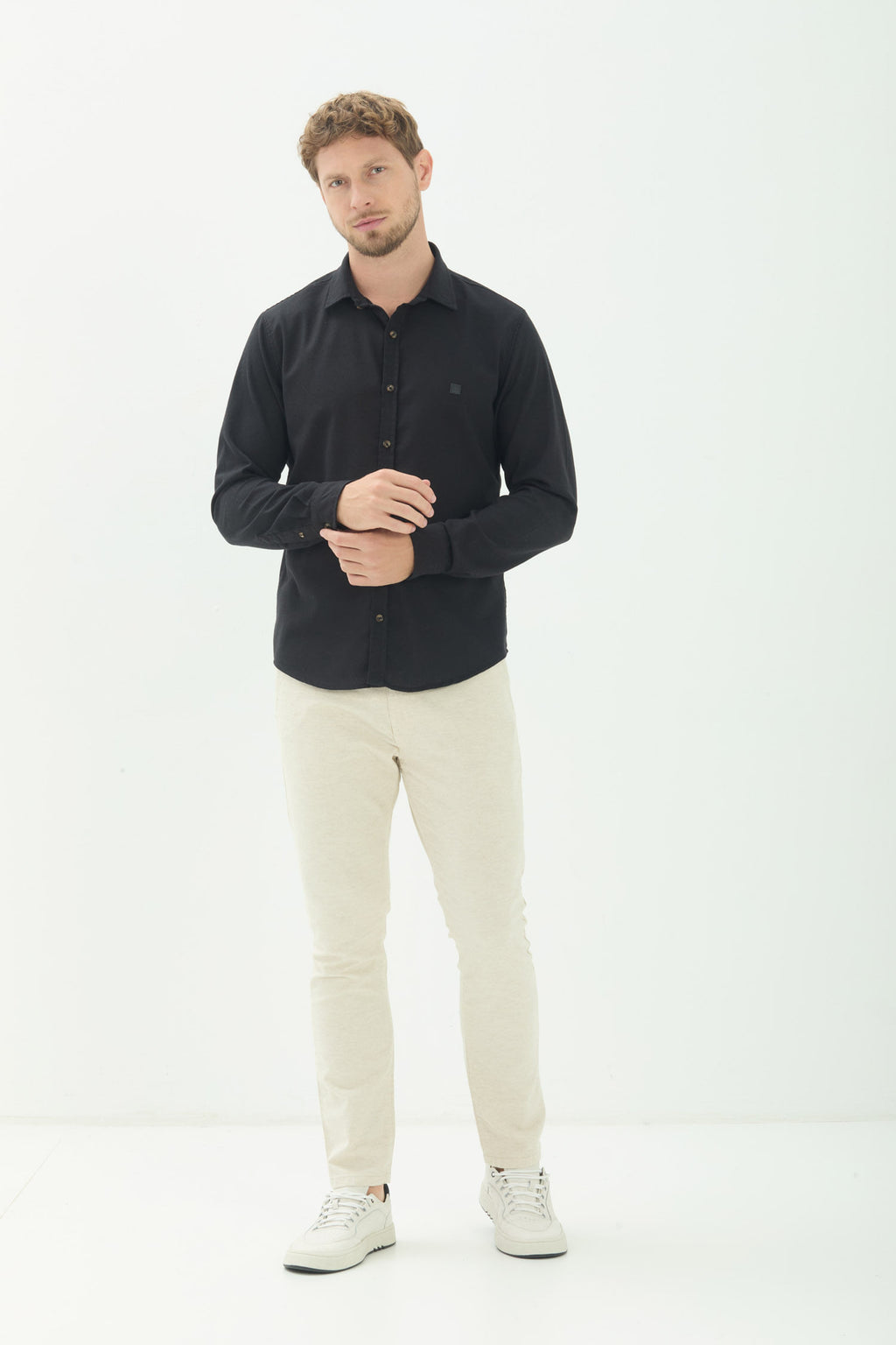 Camisa Casual Manga Longa Masculina Acostamento Preto