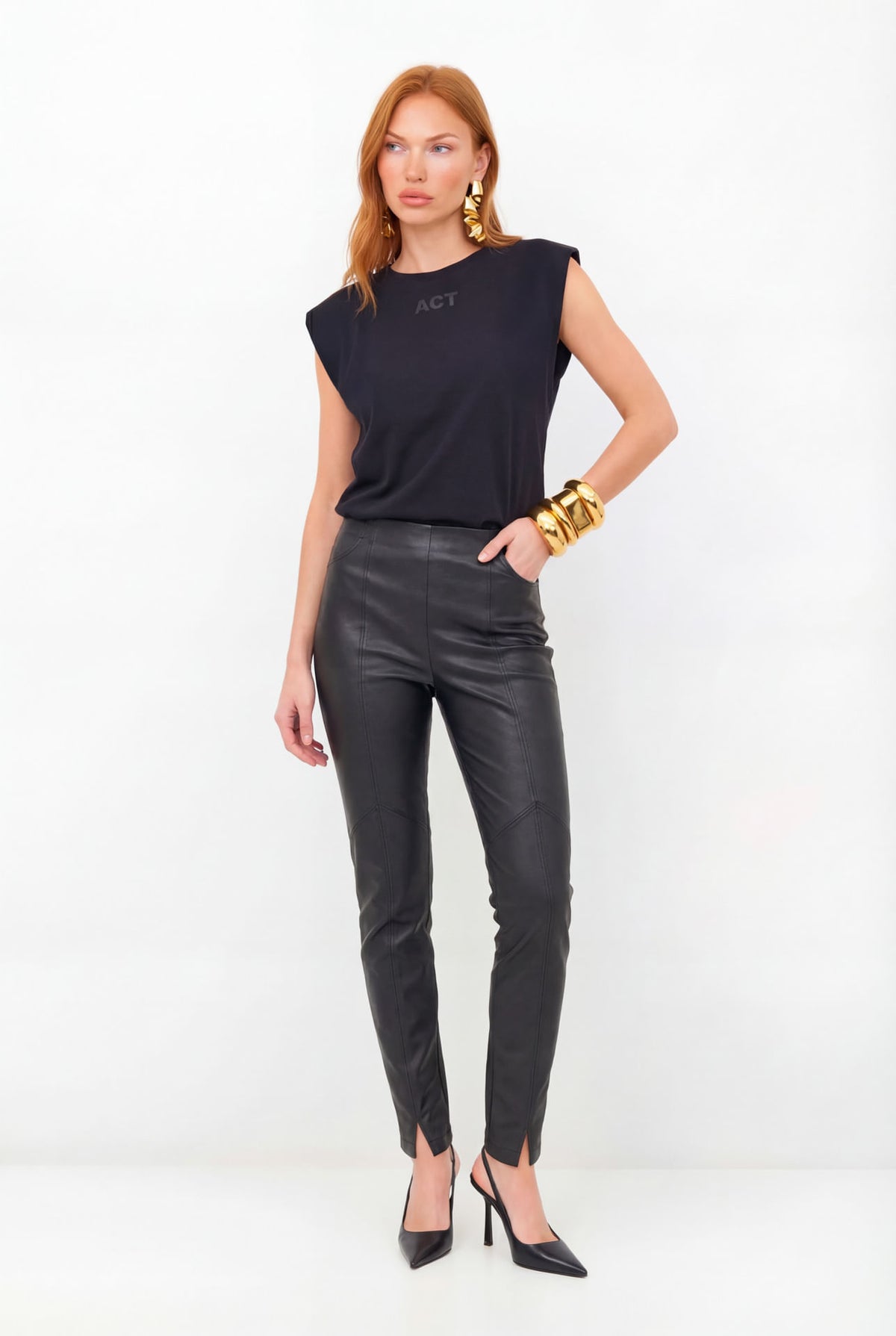 Calça PU Com Zíper ACT Feminina Preto