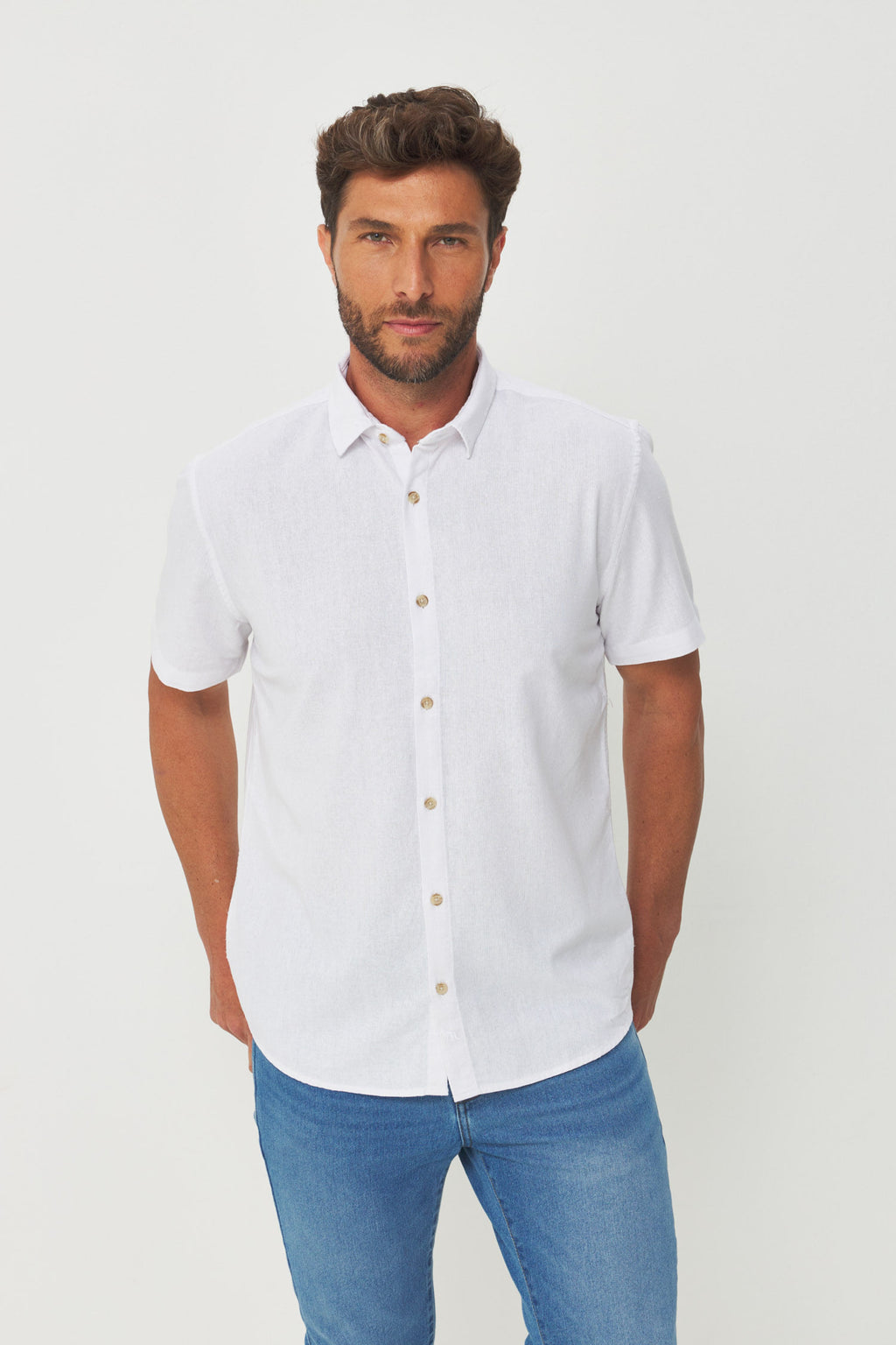 Camisa Casual Manga Curta Masculino Acostamento Branco