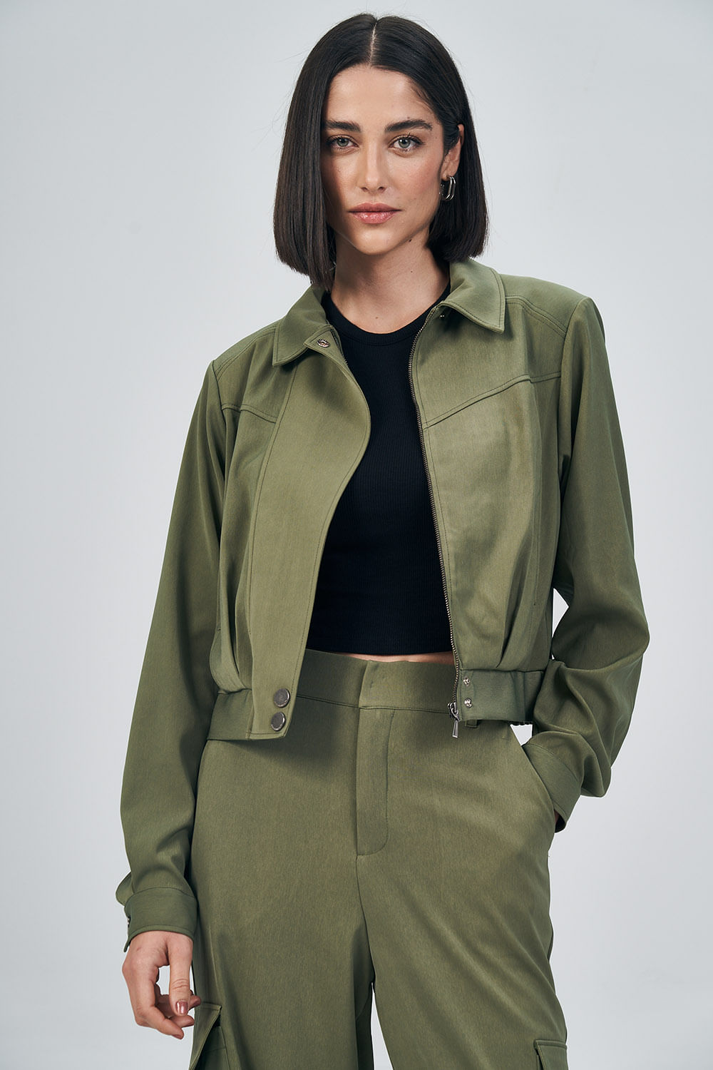 Jaqueta Cropped Fashion Feminina Acostamento Deep Olive