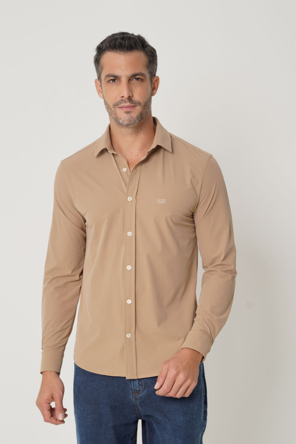Camisa Slim Tech Manga Longa Masculina Acostamento Caqui