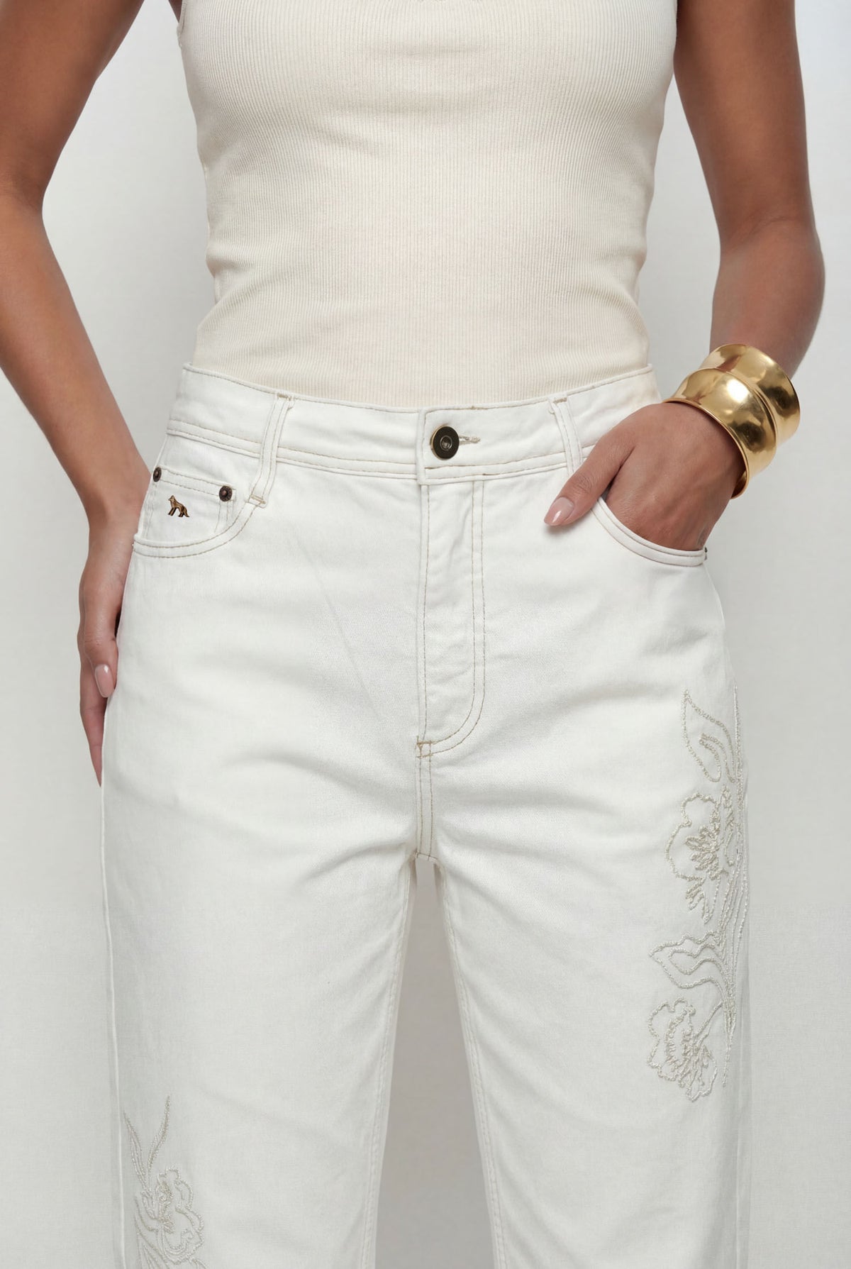 Calça Jeans Straight Pala Cintura Alta ACT Feminina Off White