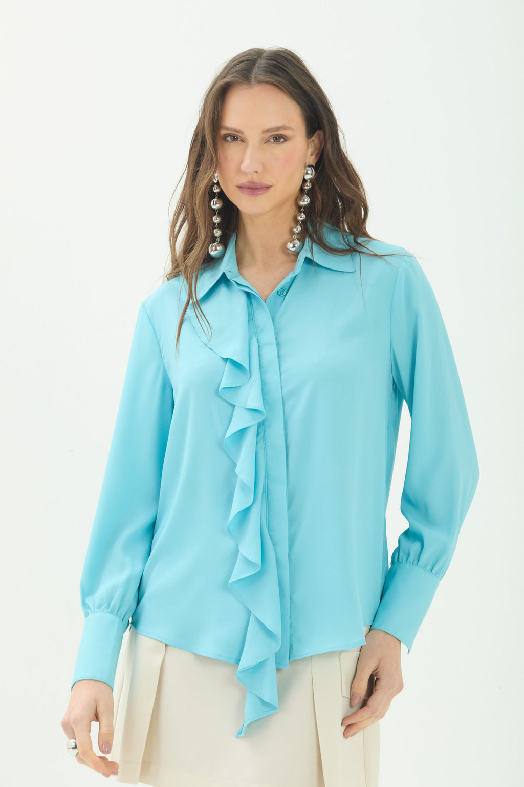 Camisa Fashion Com Babado ACT Feminina Misty Blue