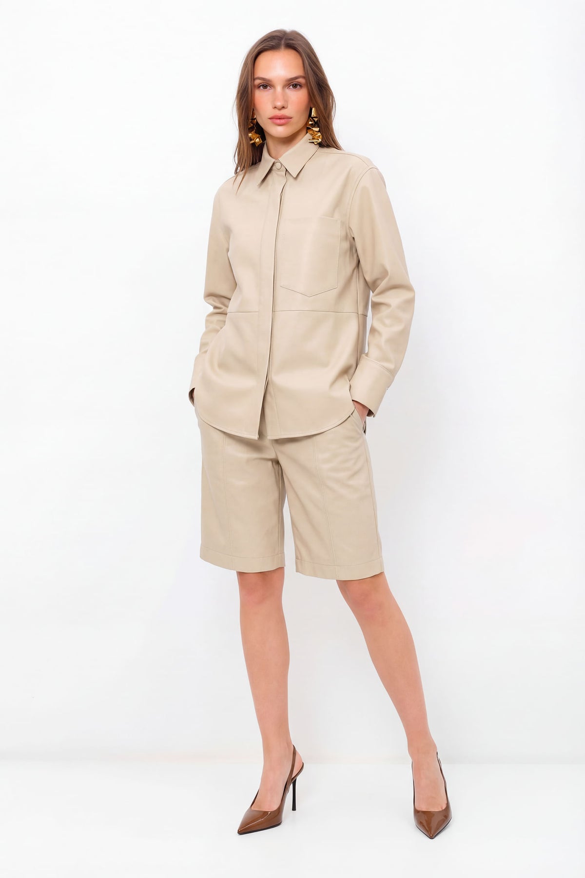 Camisa PU Com Bolso Frontal ACT Feminina Sand