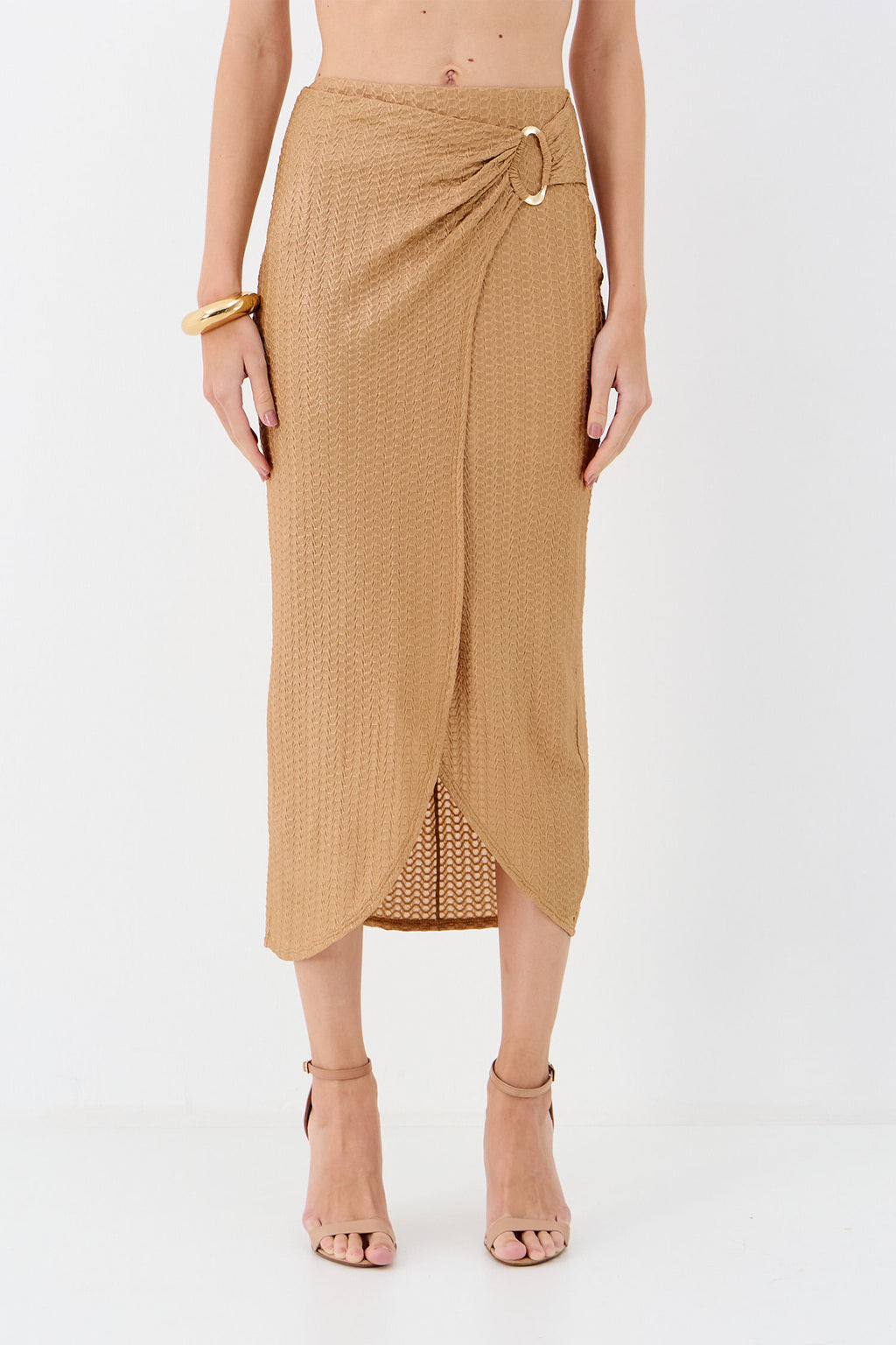 Saia Midi Texturizada com Argola Lateral ACT Feminino Sand C/ Dourado