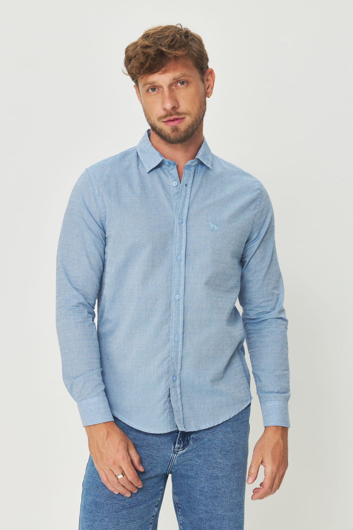 Camisa Leve Manga Longa Masculina Acostamento Azul Claro