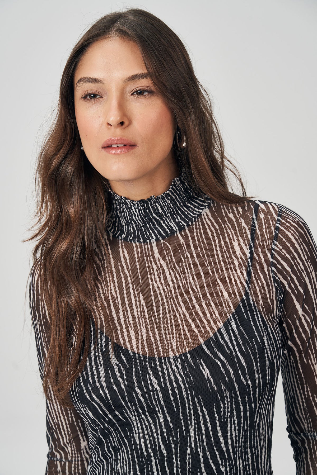Vestido Gola Alta Tule Print Feminino Acostamento Zebra Mini