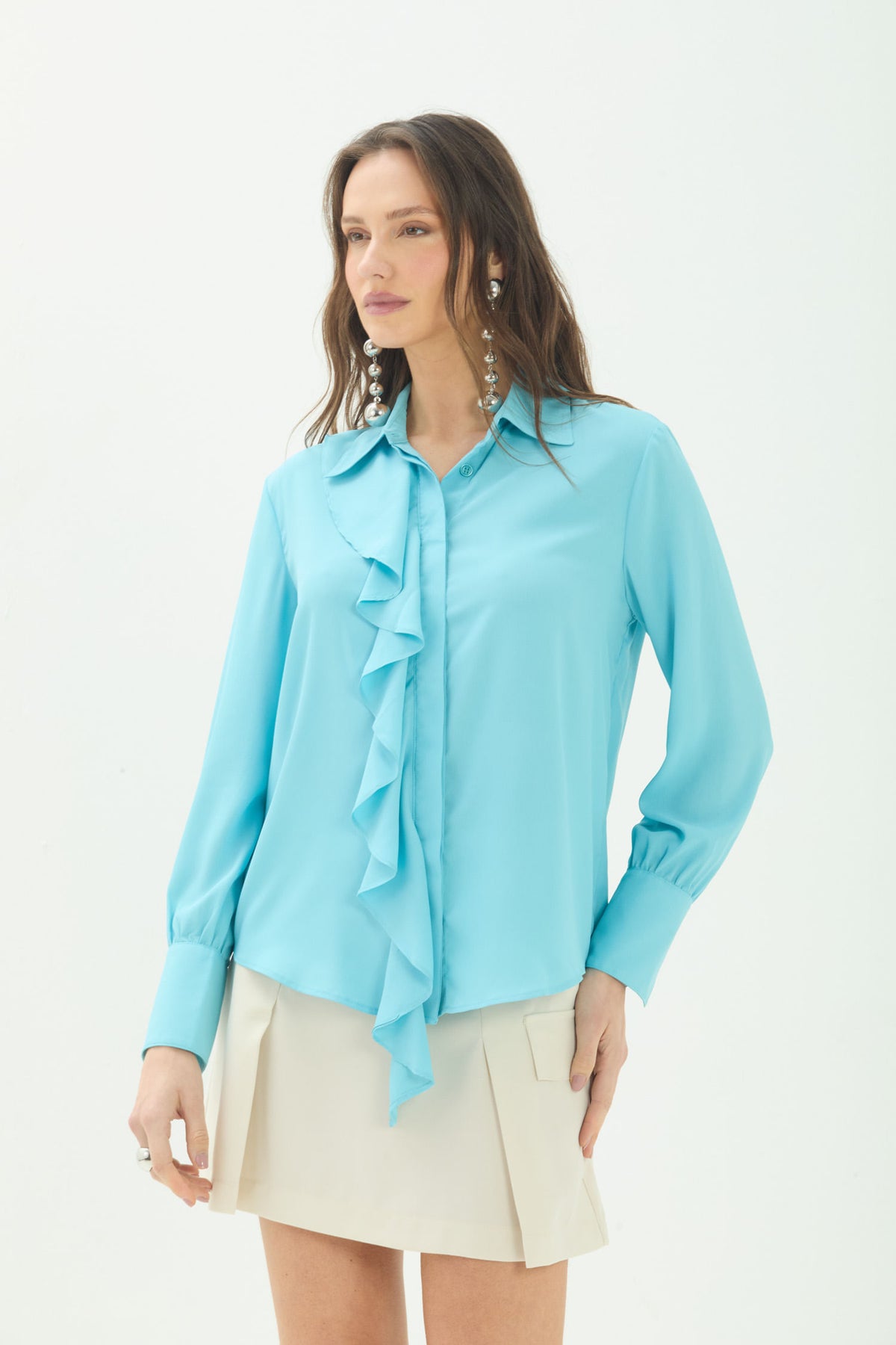 Camisa Fashion Com Babado ACT Feminina Misty Blue