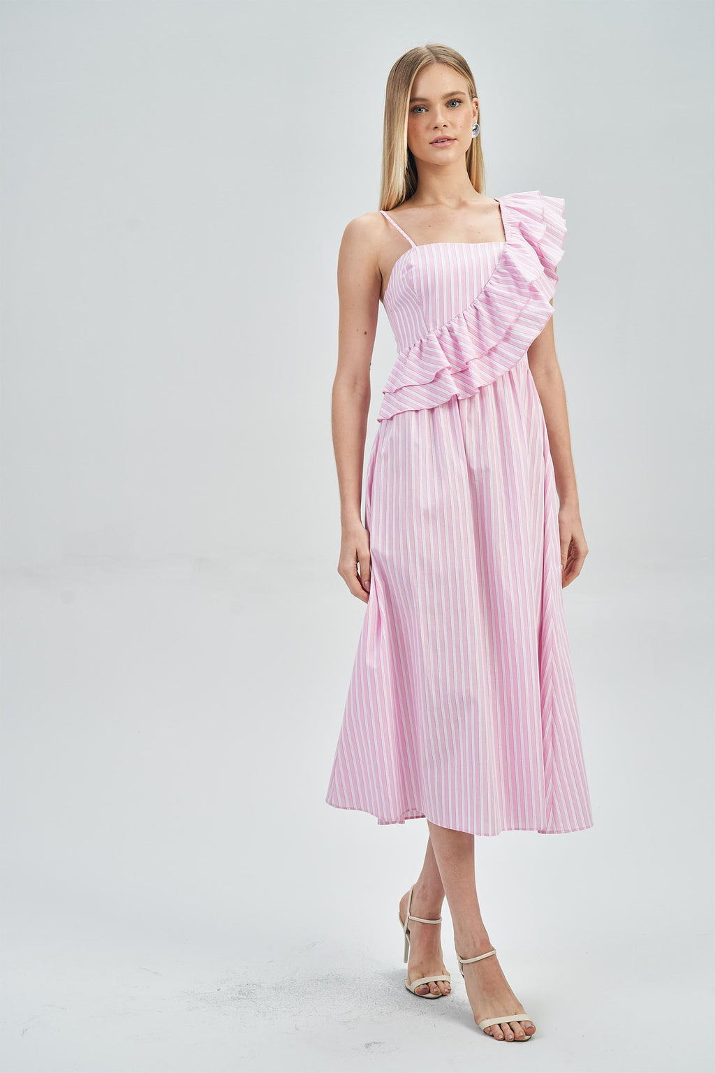 Vestido Midi Babado Diagonal Feminino Acostamento Listrado Pink Sunset