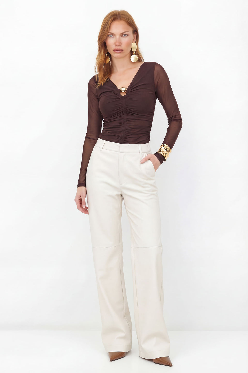 Blusa Manga Longa Com Drapeado ACT Feminina Deep Brown