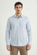 Camisa Casual Manga Longa Masculina Acostamento Micro Listra Azul C/ Branco
