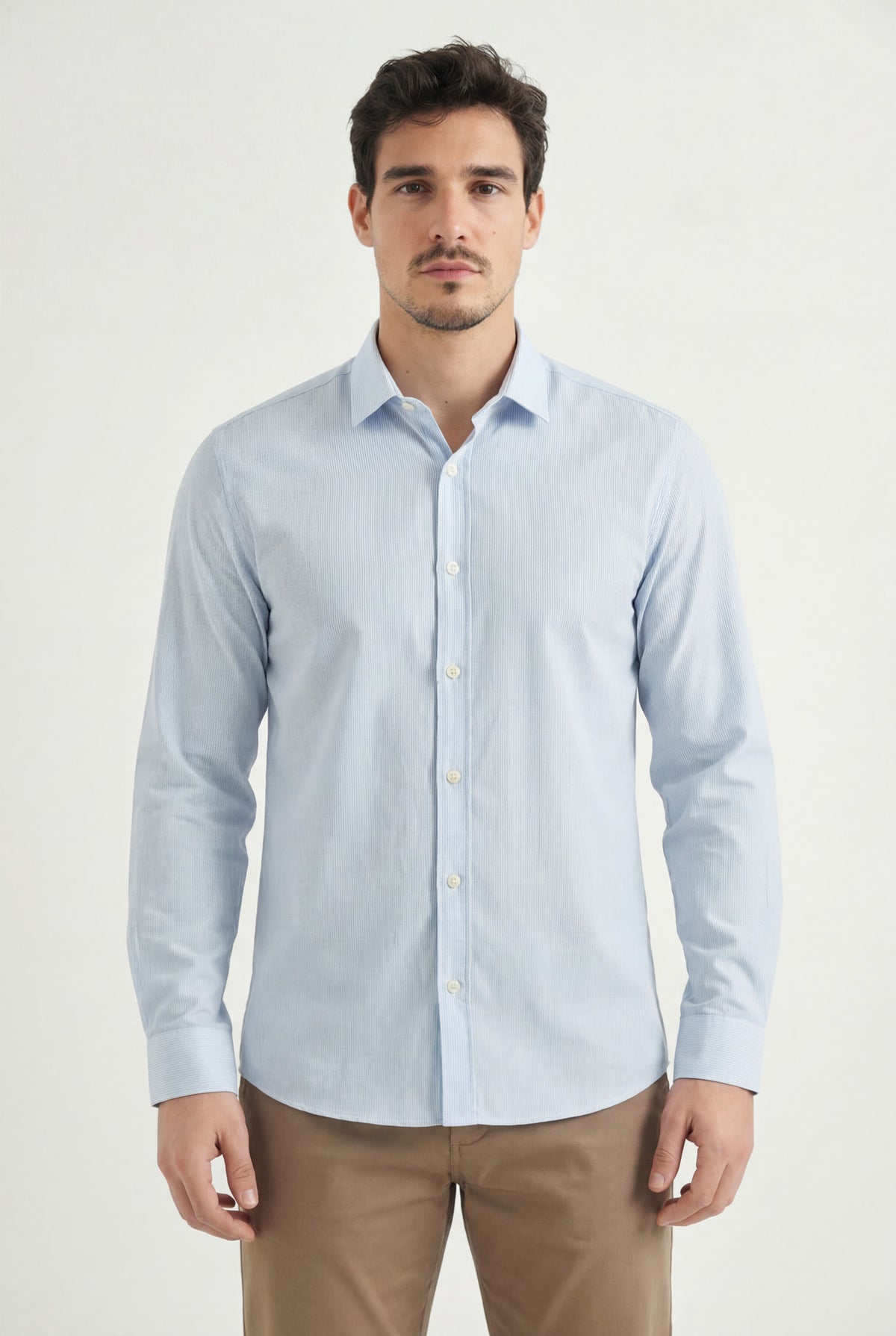 Camisa Casual Manga Longa Masculina Acostamento Micro Listra Azul C/ Branco