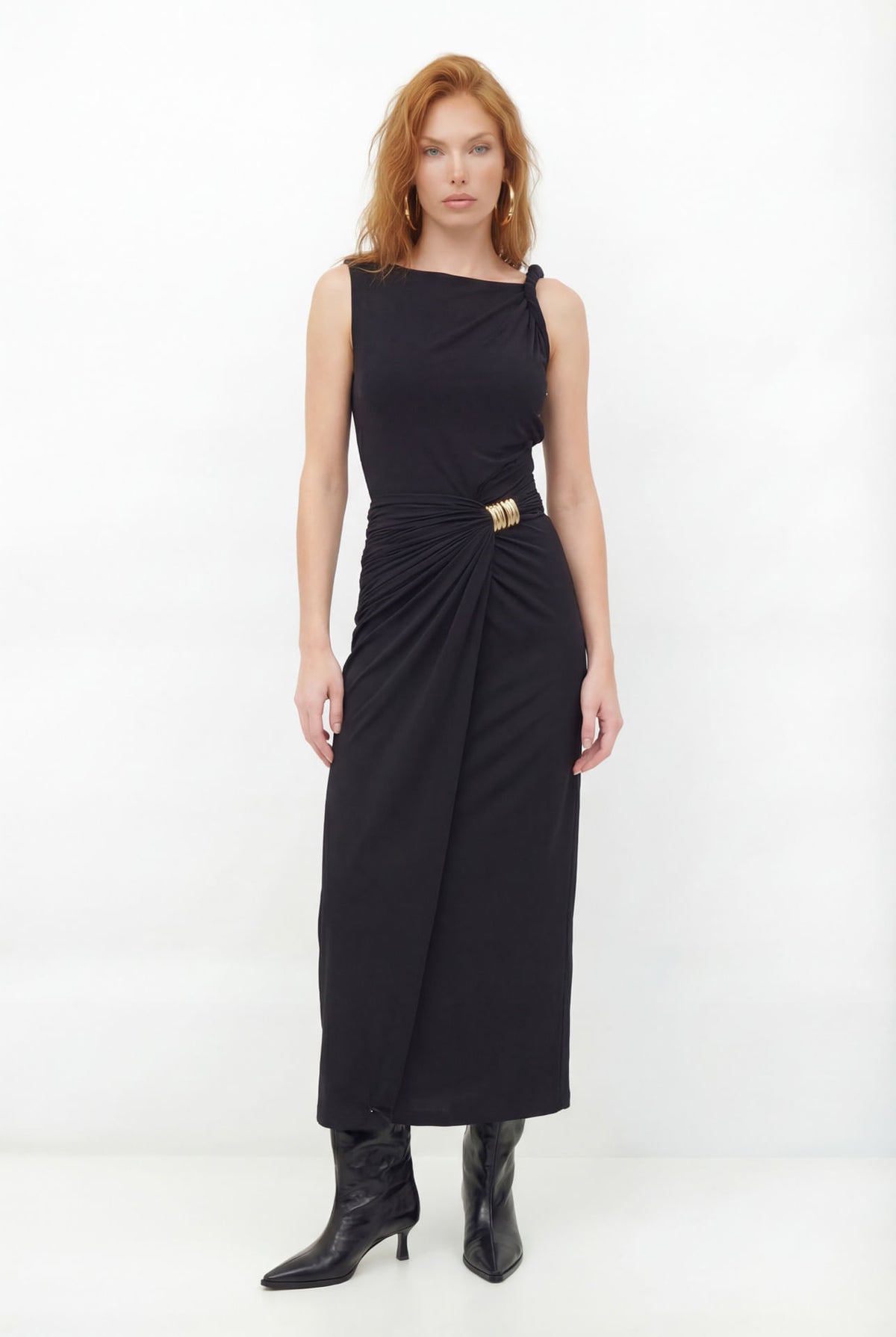 Vestido Longo Drapeado Com Fivela ACT Feminino Preto