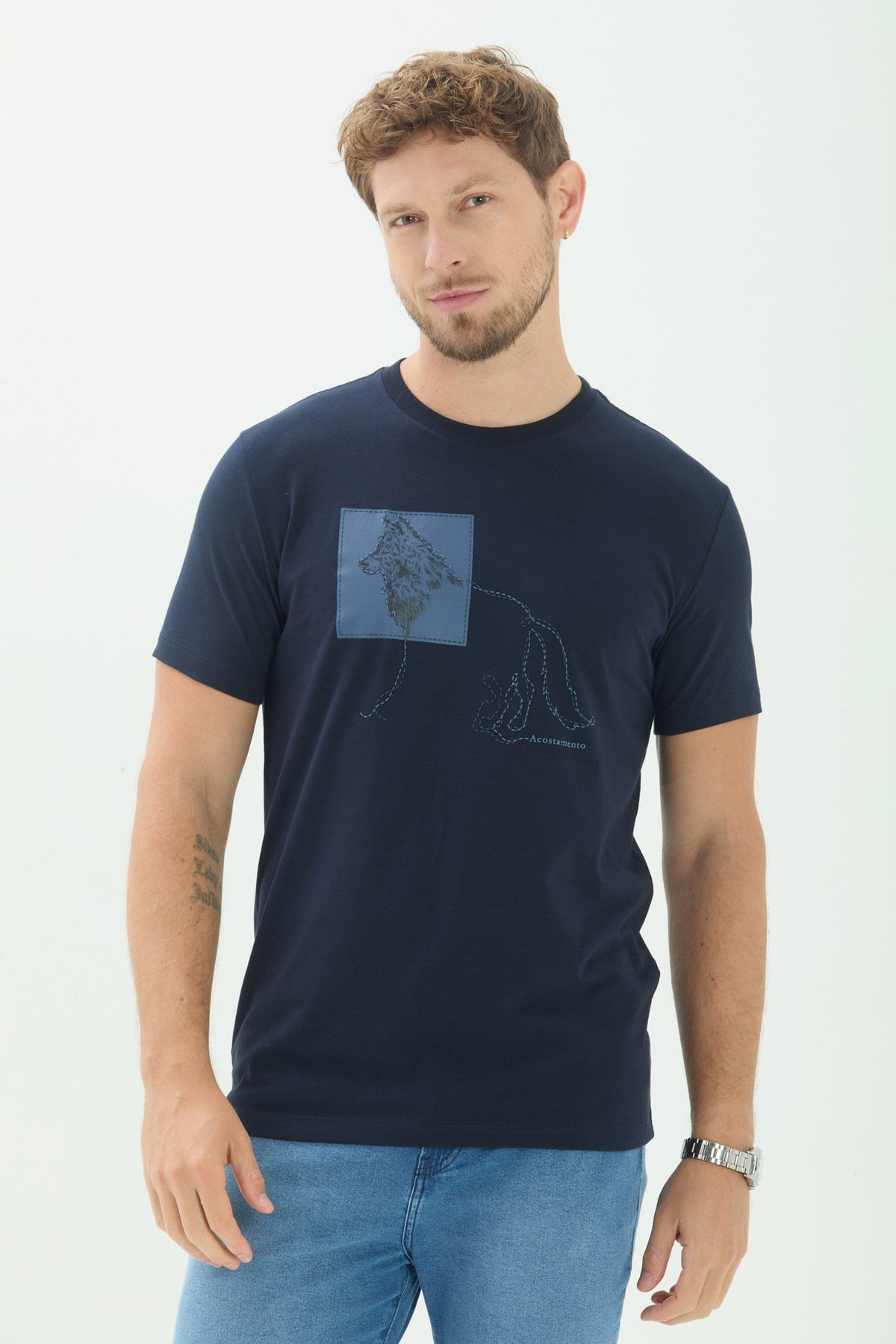 Camiseta Lobo Frontal Masculina Acostamento Marinho