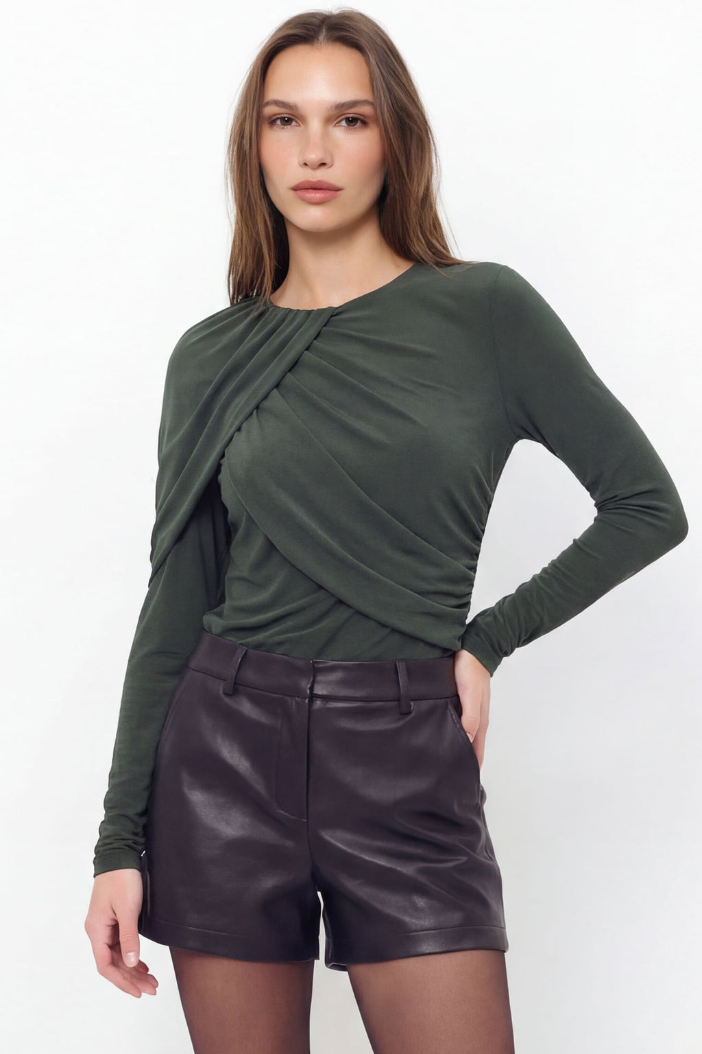 Blusa Manga Longa Drapeada ACT Feminina Midnight Green