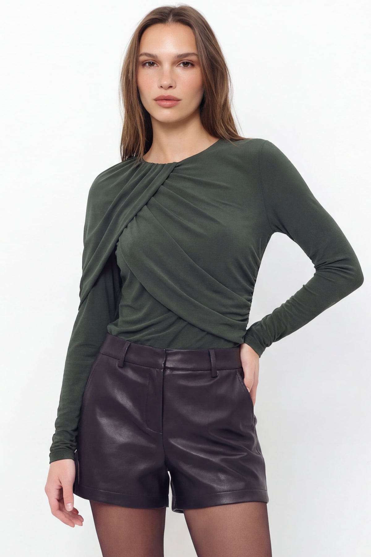 Blusa Manga Longa Drapeada ACT Feminina Midnight Green