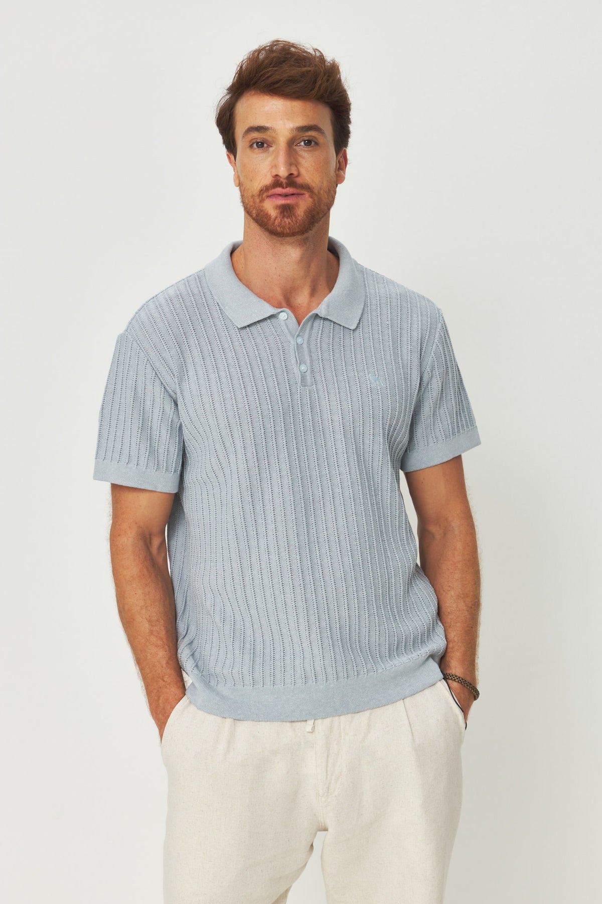 Polo Tricot Masculina Acostamento Azul Claro