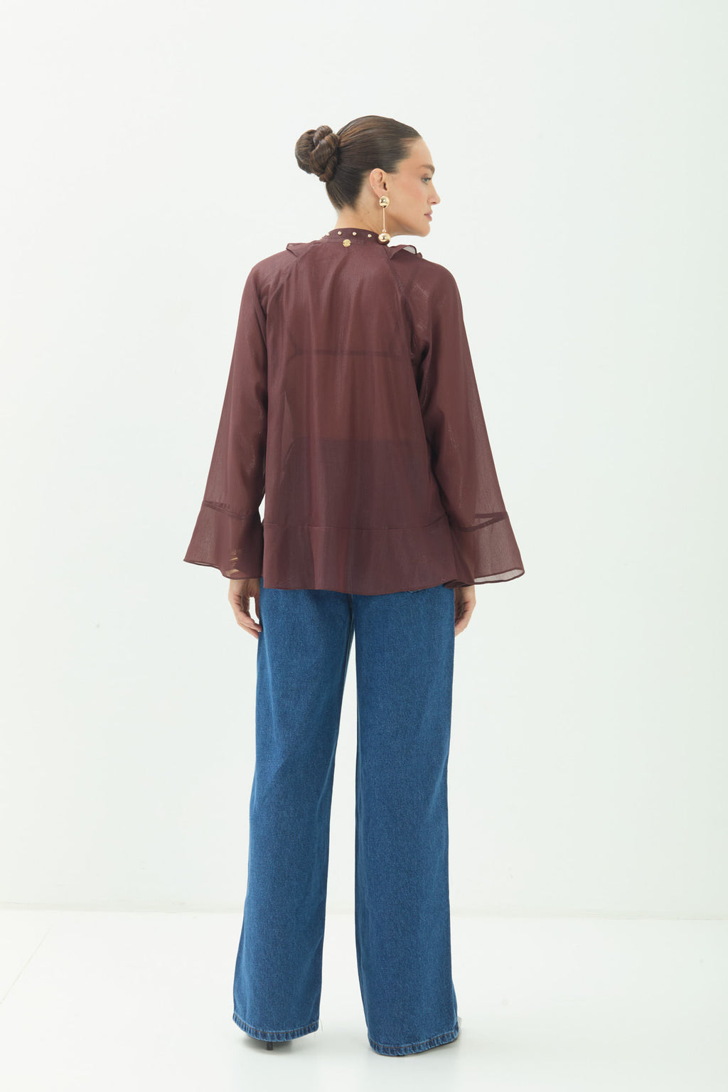 Blusa Babados Manga Longa Fluida ACT Feminina Choco