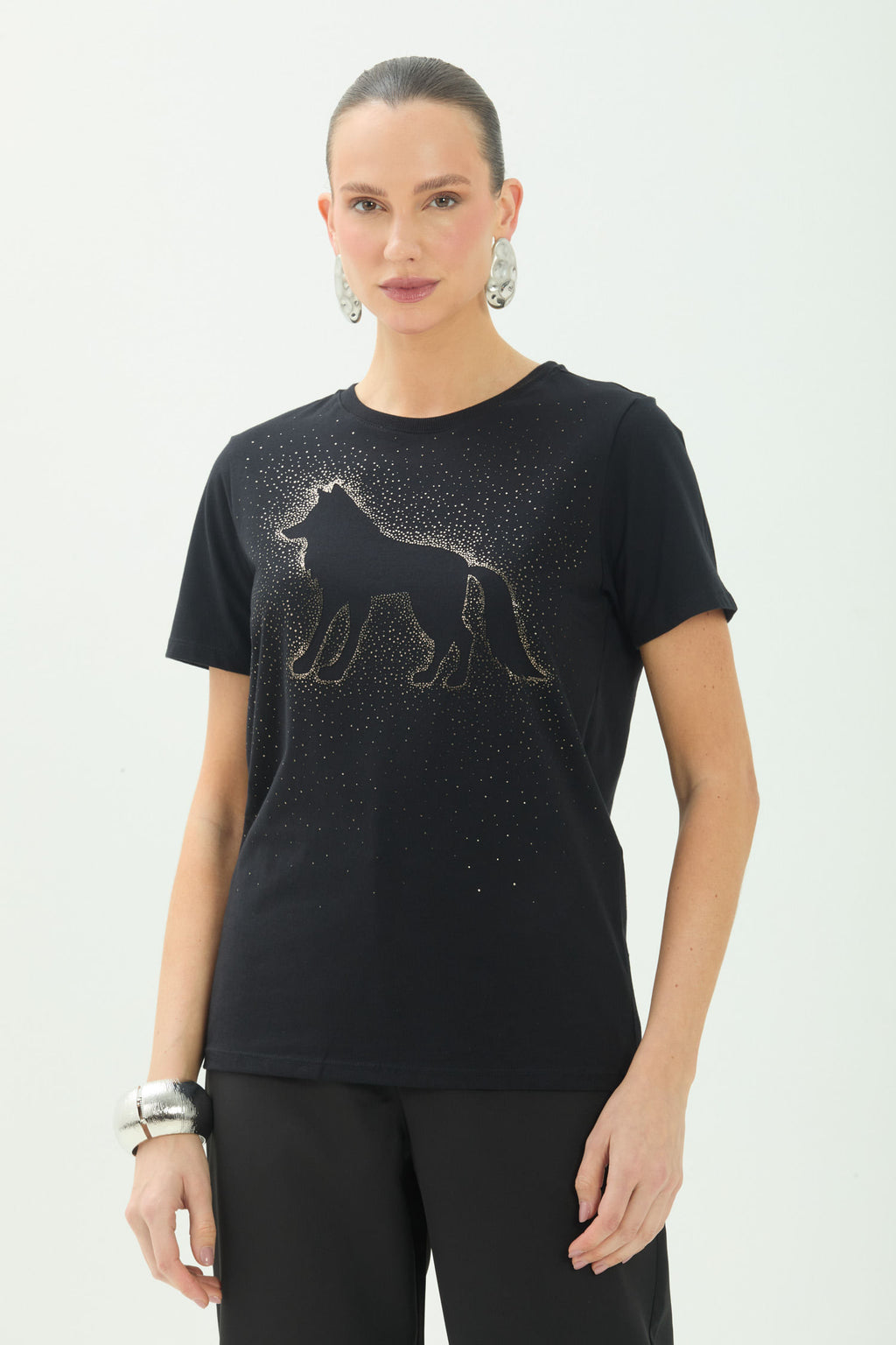 T-Shirt Lobo Brilho ACT Feminina Preto