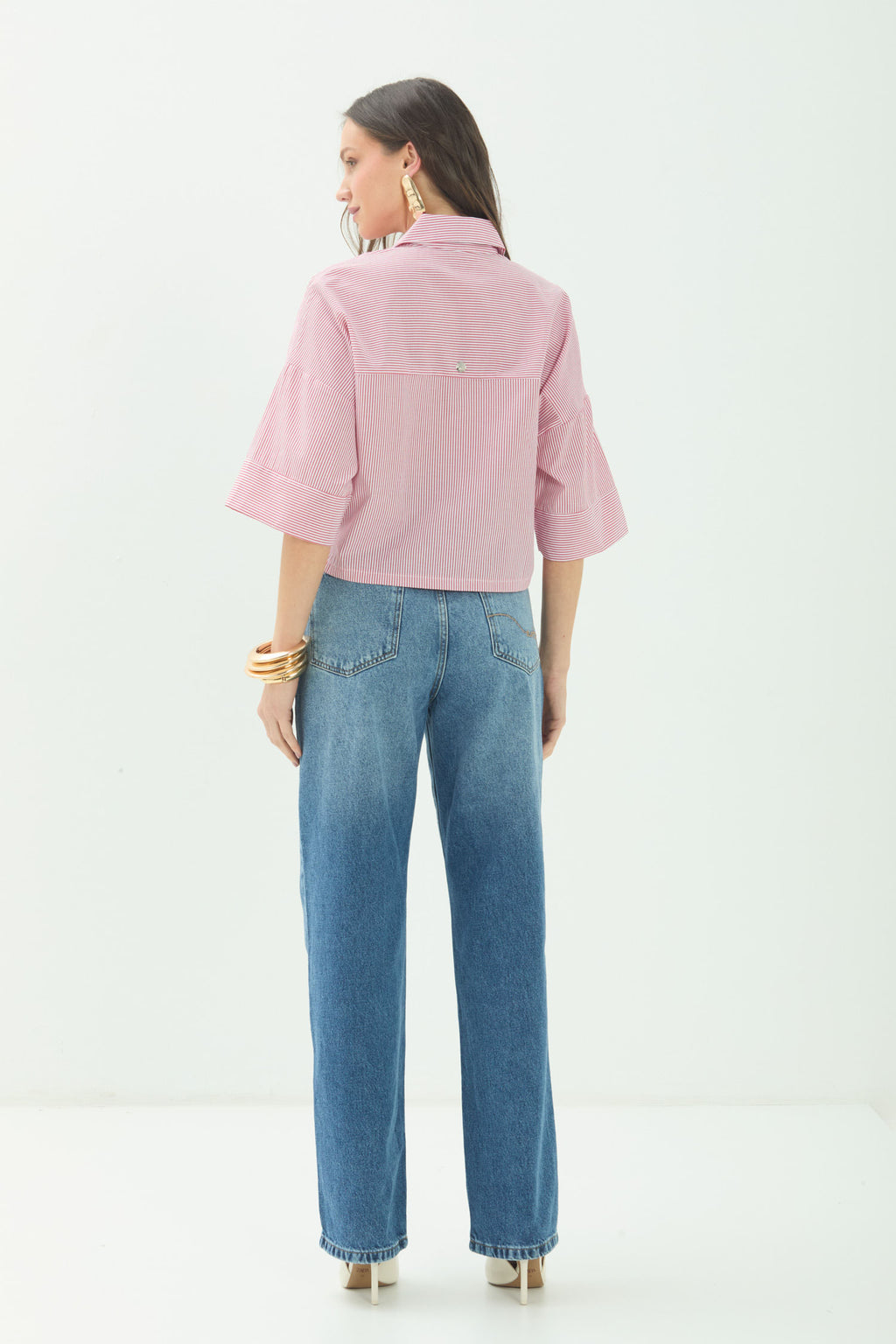Camisa Manga Curta Com Bolsos ACT Feminina Listrado Red Velvet