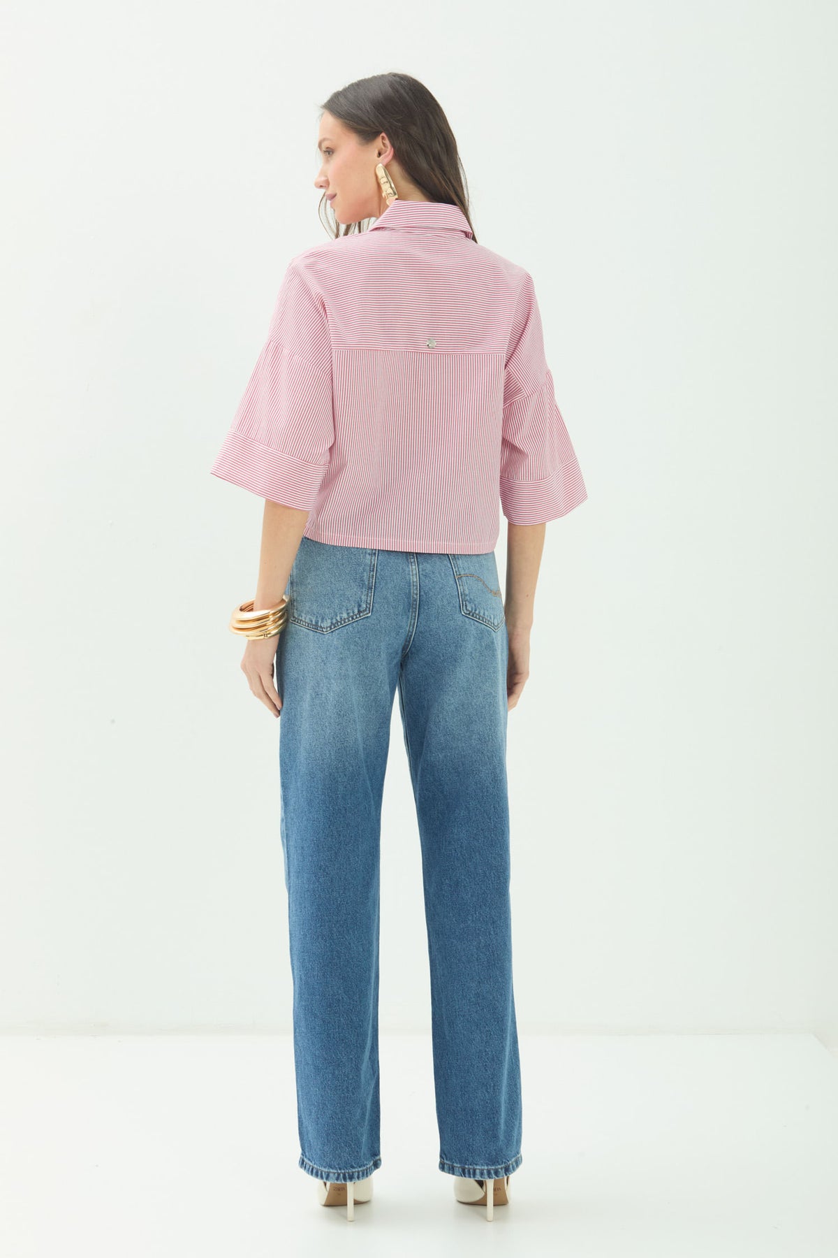 Camisa Manga Curta Com Bolsos ACT Feminina Listrado Red Velvet