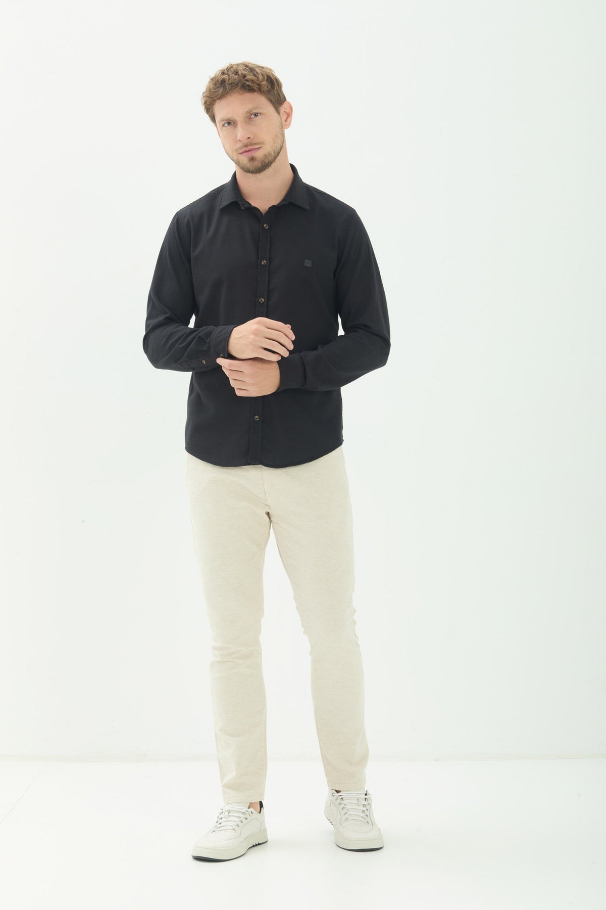 Camisa Casual Manga Longa Masculina Acostamento Preto