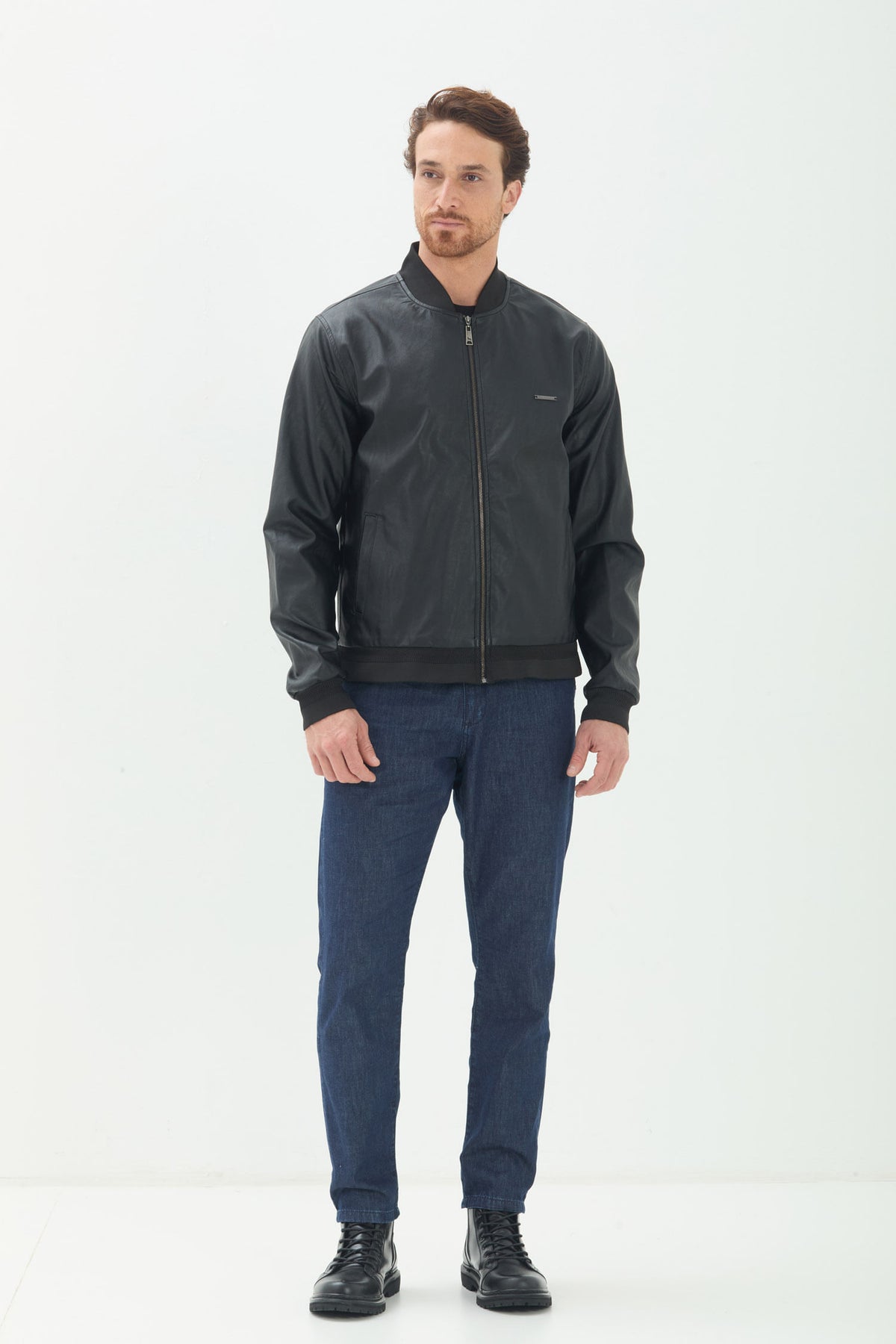 Jaqueta PU Com Ziper Masculino Acostamento Preto