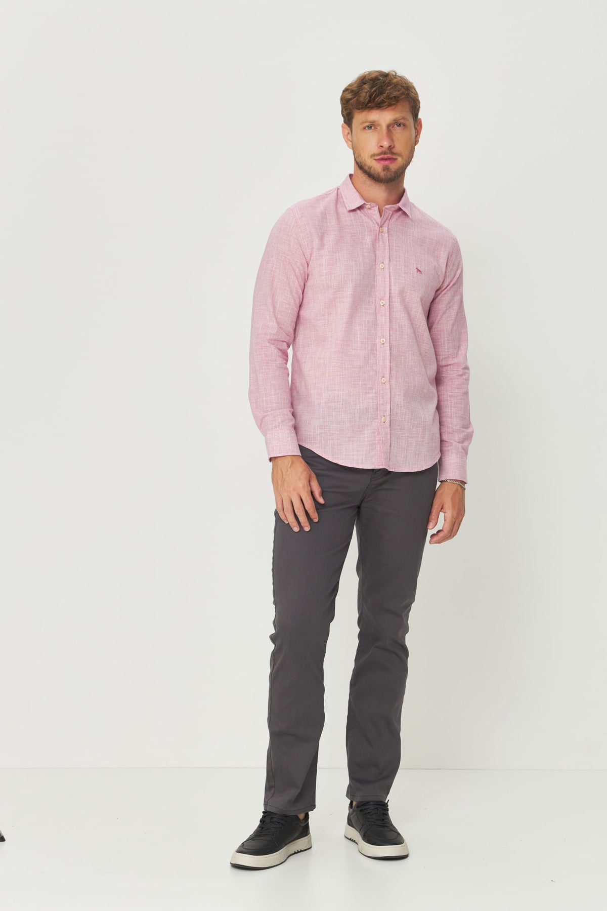 Camisa Leve Manga Longa Masculina Acostamento Bordo Mesclado