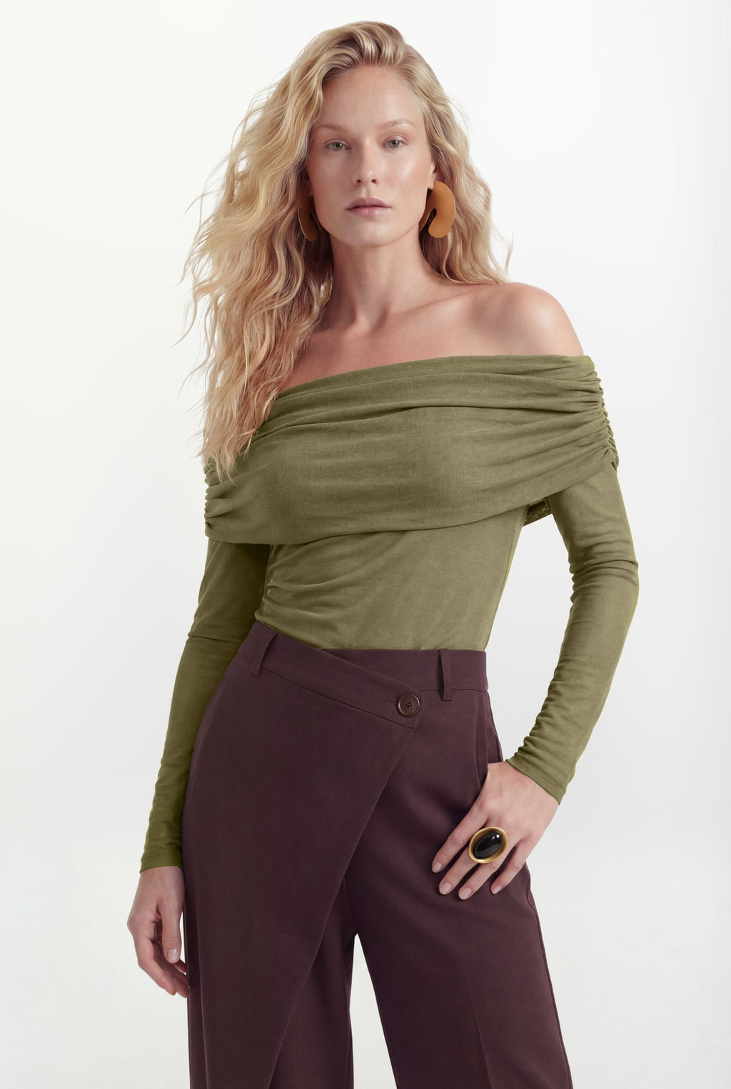 Blusa Ombro A Ombro Drapeada ACT Feminina Deep Brown