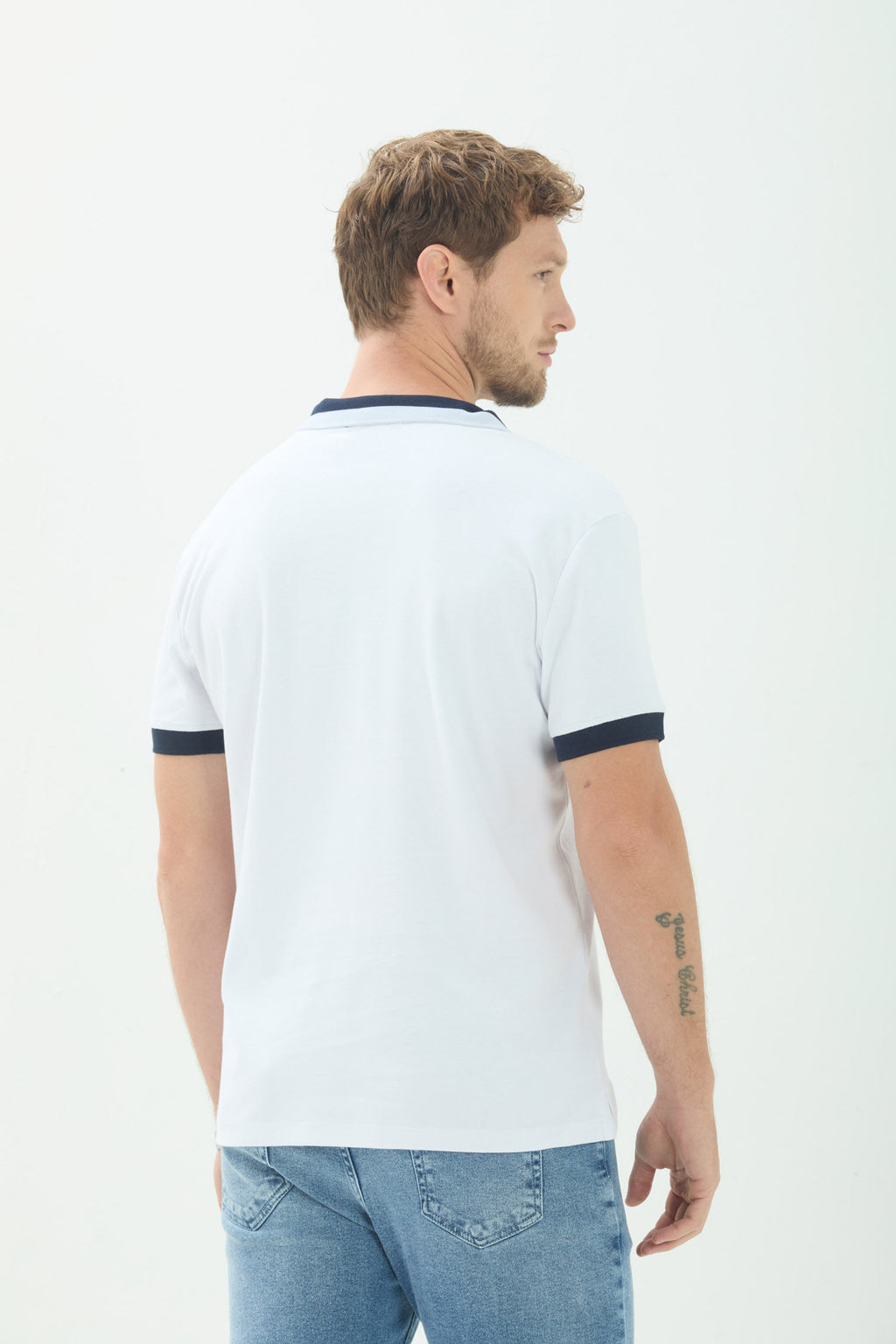 Polo Com Gola Contrastante Masculina Acostamento Branco