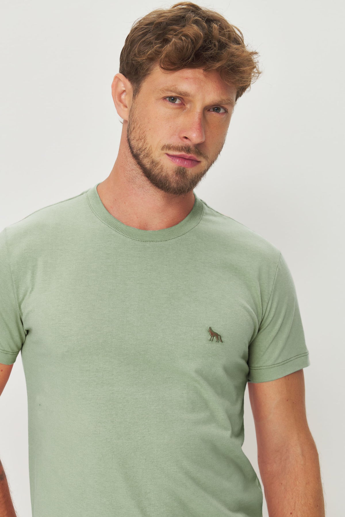 Camiseta Básica Lobo Bordado Masculina Acostamento Verde Folhagem