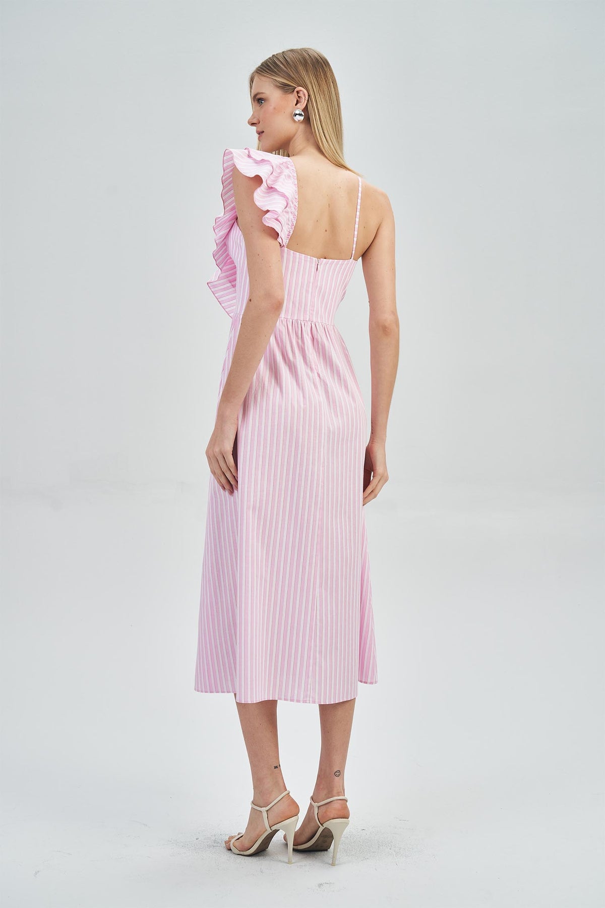 Vestido Midi Babado Diagonal Feminino Acostamento Listrado Pink Sunset