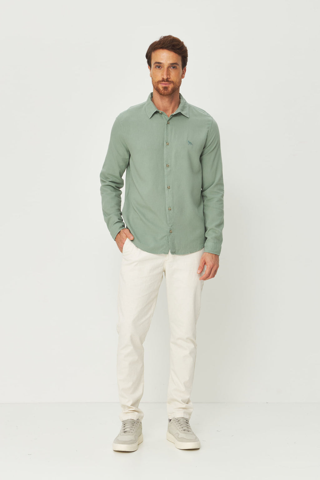 Camisa Botão Manga Longa Masculina Acostamento Verde Claro