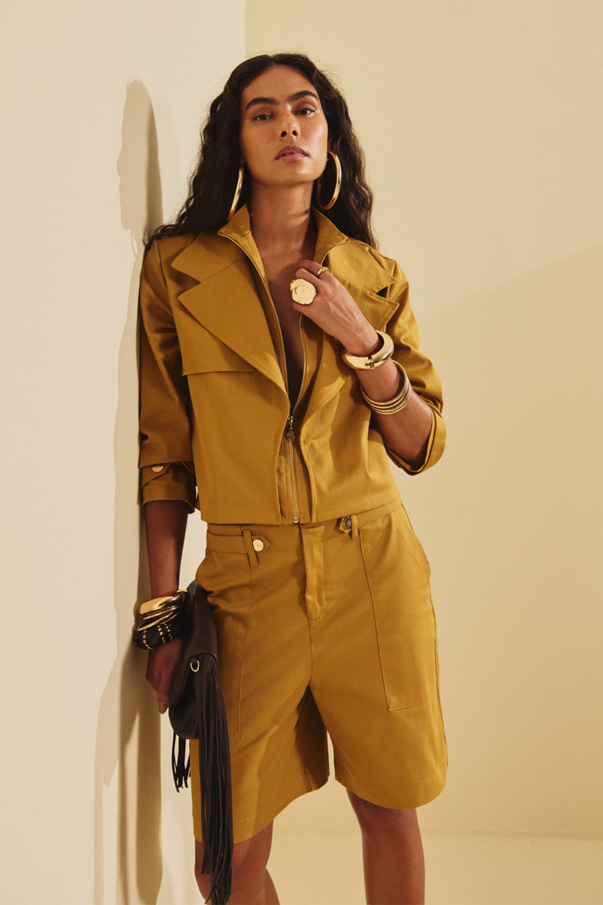 Trench Coat Cropped Sarja ACT Feminino Caramel