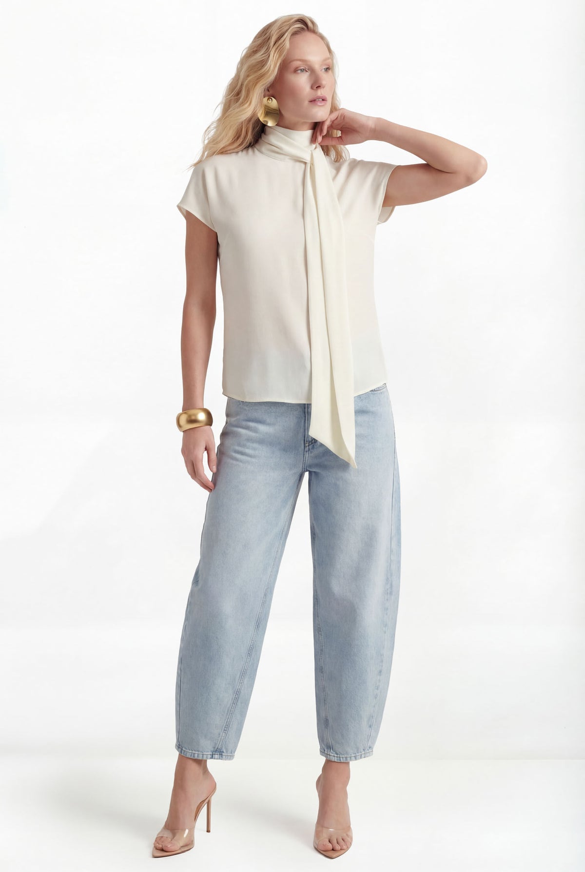 Blusa Manga Curta Com Lenço ACT Feminina Off White