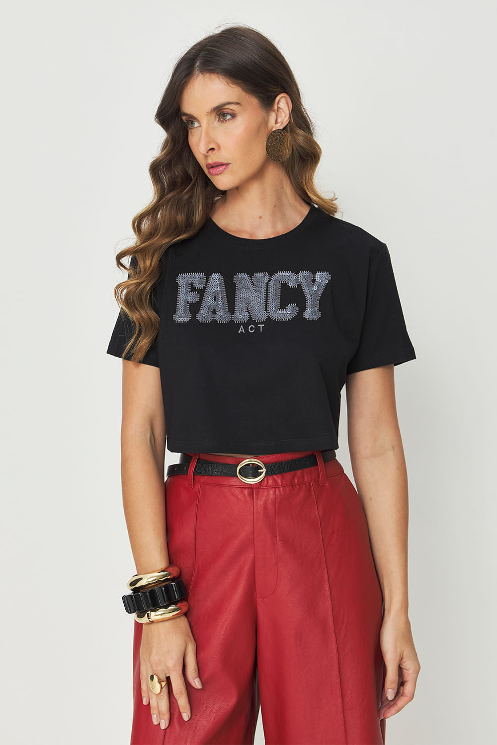 T-Shirt Cropped Fancy Paetê Feminina Acostamento Preto