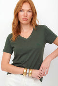 T-Shirt Gola V Bordada ACT Feminina Midnight Green