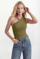 Body De Tule Drapeado Assimétrico ACT Feminino Fresh Olive