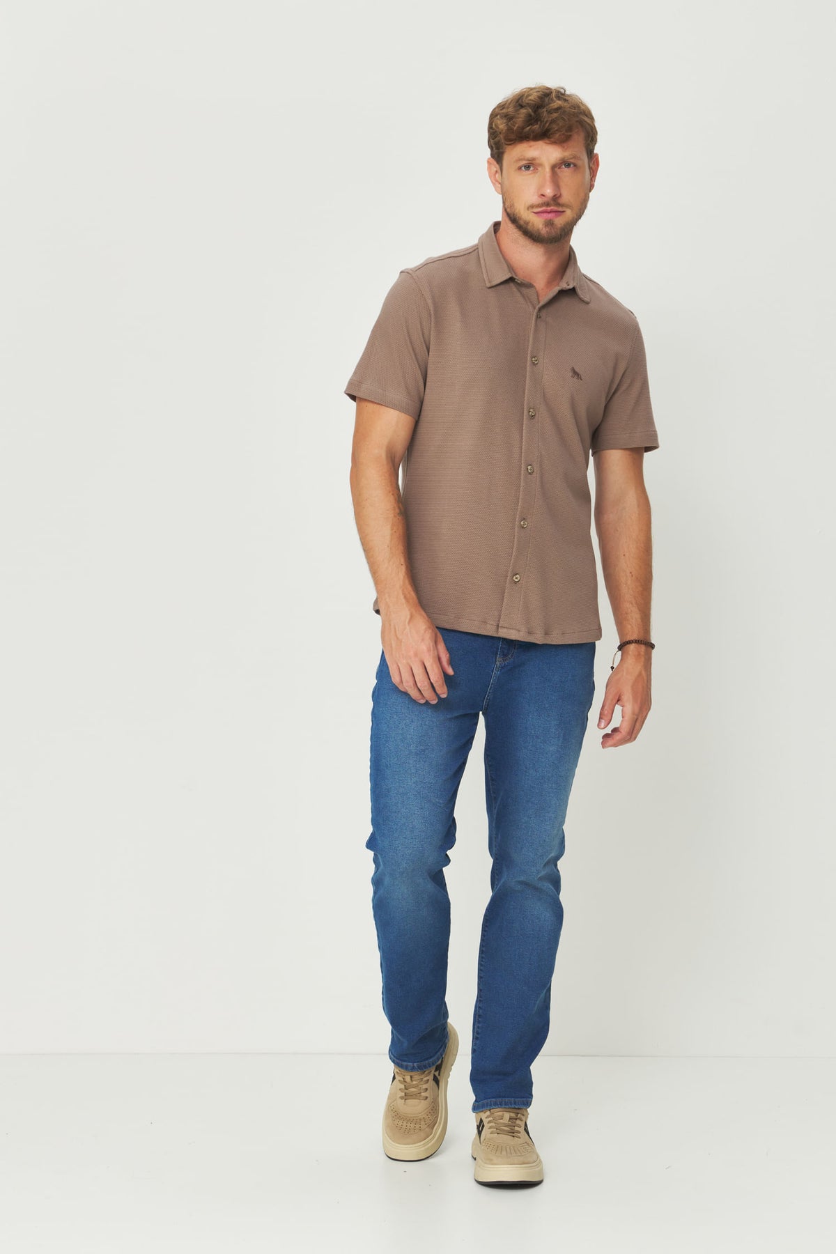 Camisa Algodão Manga Curta Masculino Acostamento Capuccino