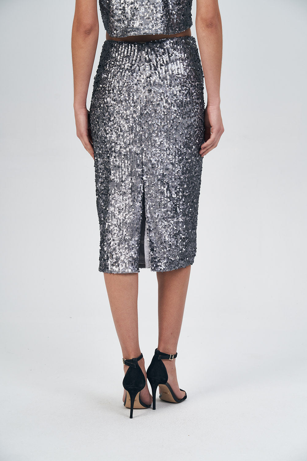 Saia Midi Paetê Feminina Acostamento Light Silver