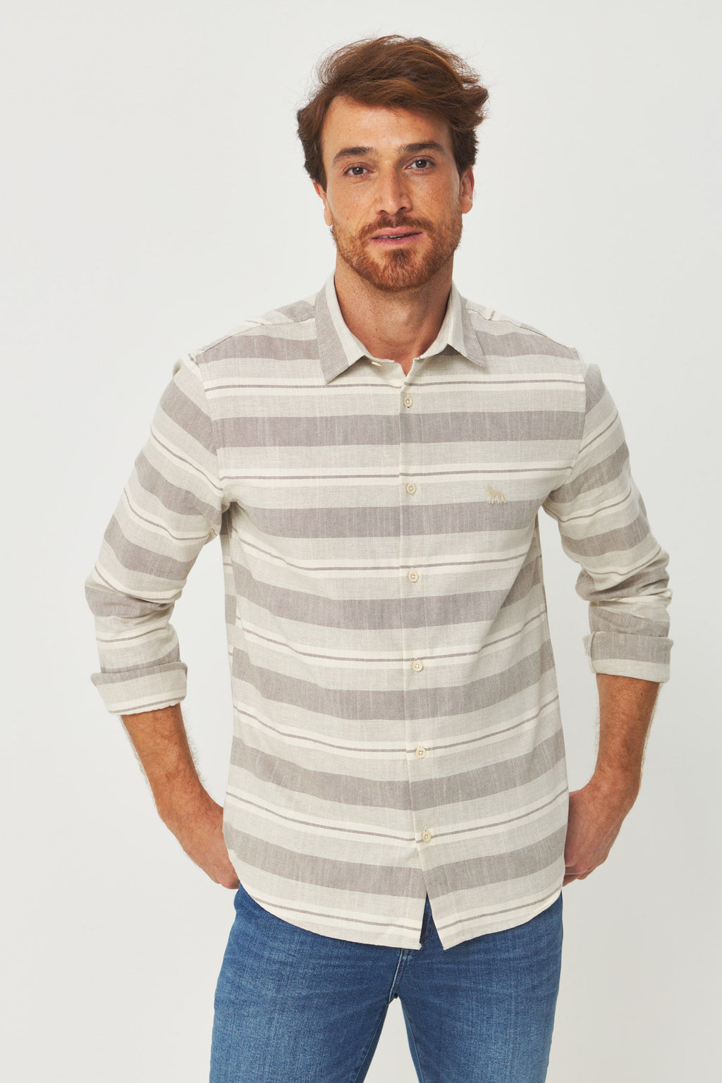 Camisa Manga Longa Listrada Masculina Acostamento Listrado Bege