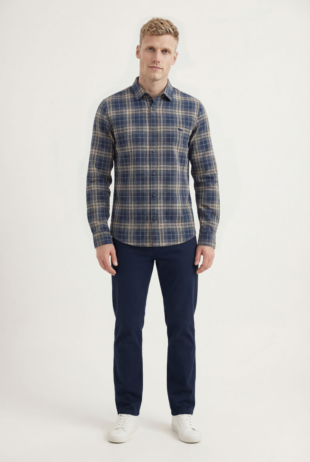 Camisa Xadrez Manga Longa Masculina Acostamento Xadrez Marinho C/ Bege