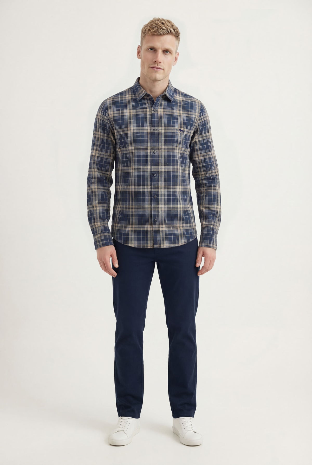 Camisa Xadrez Manga Longa Masculina Acostamento Xadrez Marinho C/ Bege