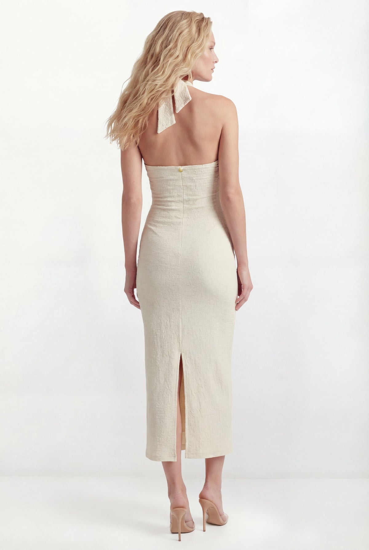 Vestido Midi Fenda Malha Texturizada ACT Feminino Classic Cream