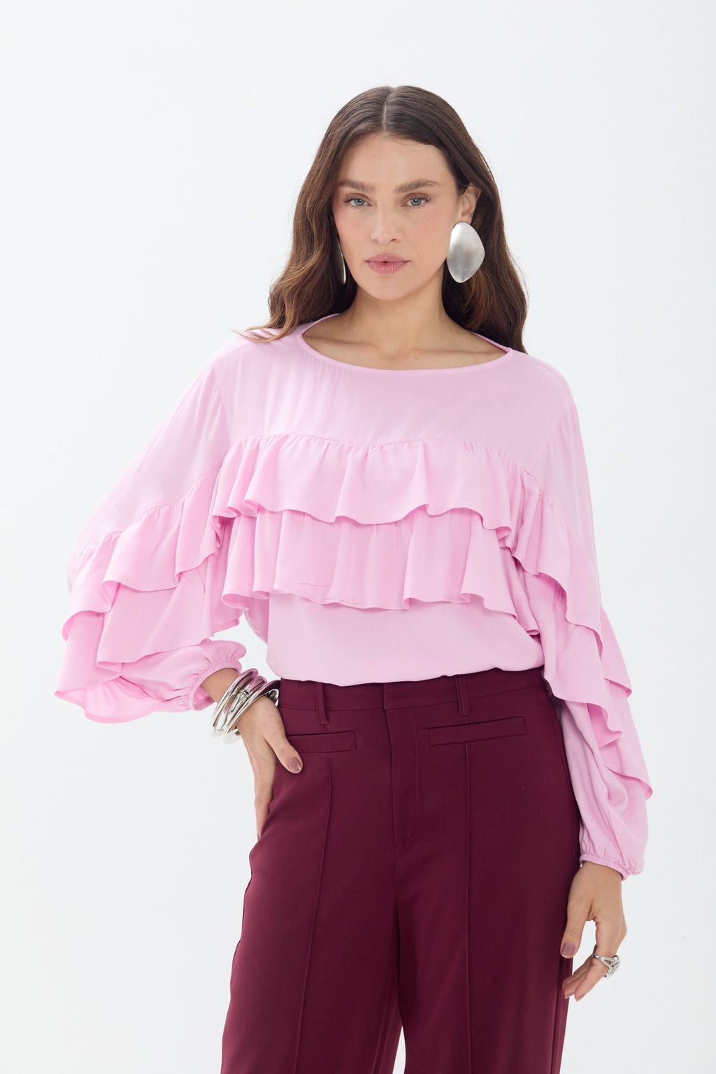 Blusa Babados Manga Longa ACT Feminina Pink Sunset