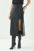 Saia Midi PU com Franjas ACT Feminina Preto